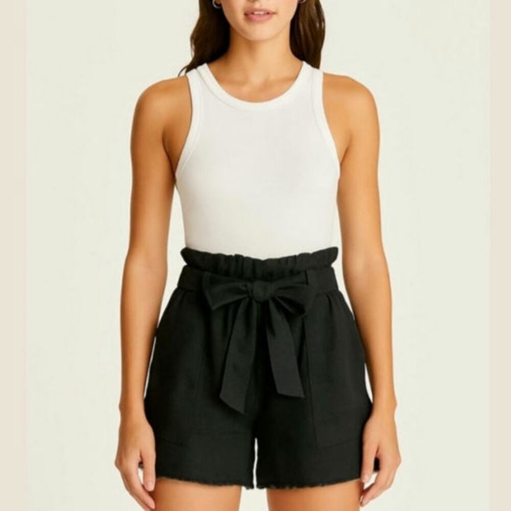 Krisa Revolve 100% Linen Shorts belt L Pocket black raw hem coastal resort beach